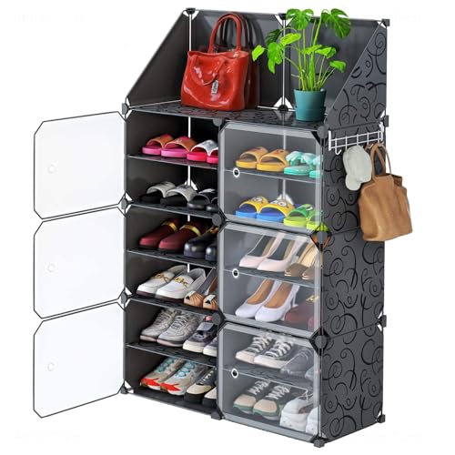 Image of Plastic Shoe Rack for Home | 6 Door 12 Shelf DIY Shoe Rack with Door for Home Storage Plastic Box Organizer, Metal Door Frame, Chappal Slipper Sandals Stand (Blackwhite, 6 Door)