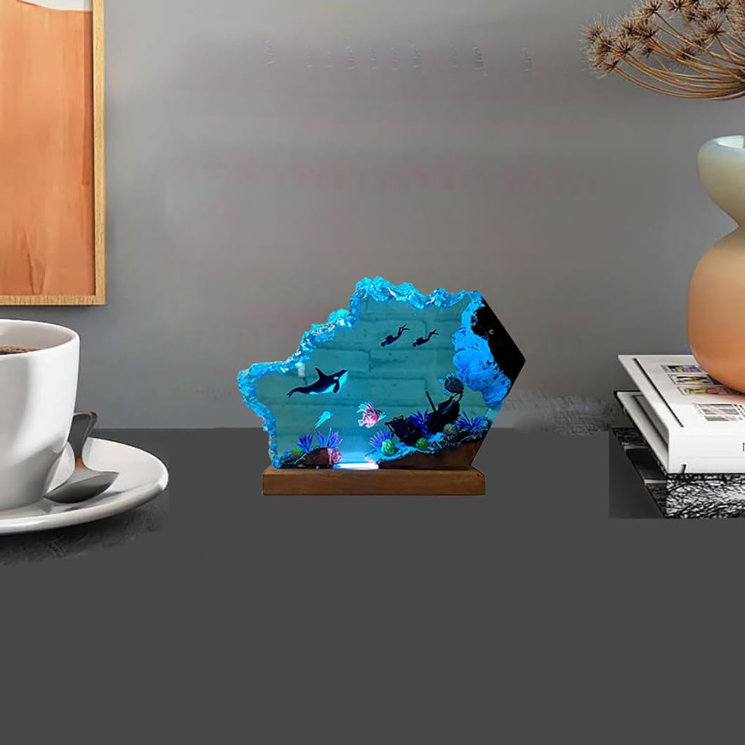 Resin Ocean Lamp, Night Lamp, Table Lamp, Resin Lamp, Ocean Lamp, Tabletop Art Decoration, Resin Wooden Lamp, Handmade Bedside Wooden Table Resin Lamp, Bedroom Decoration (8 * 5in)