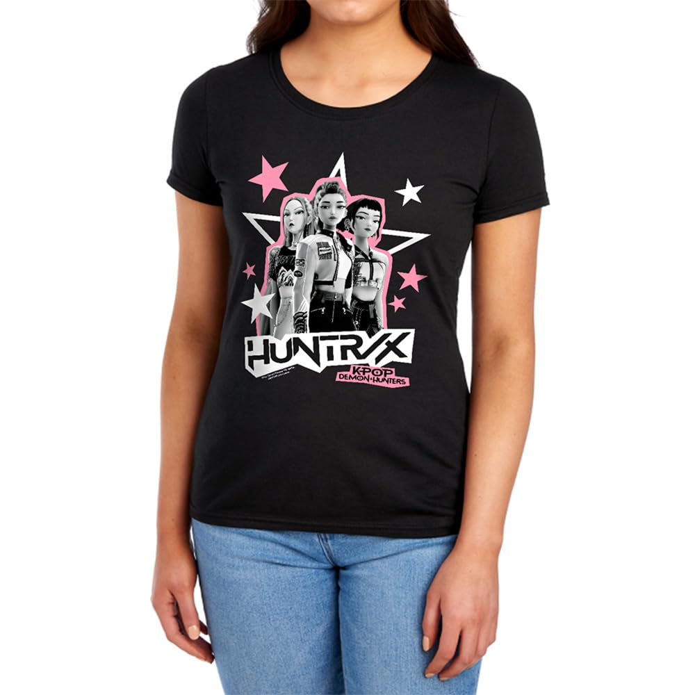 Kpop Demon Hunters Huntrix Scrapbook Stars Womens T Shirt, Black, L