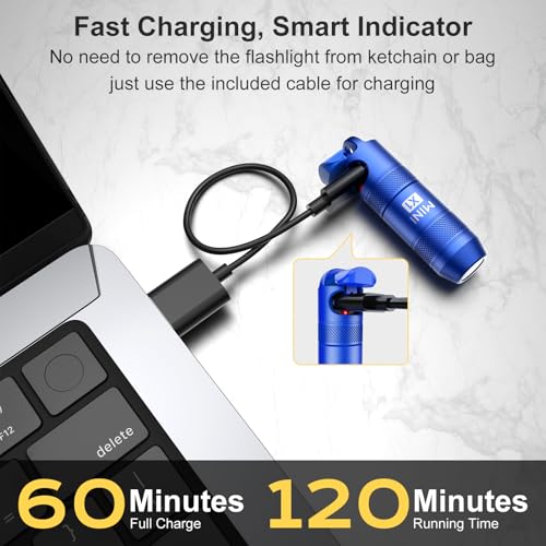 Image of Mini Keychain Flashlight - Instant On Pull to Light, 100 Lumens Tiny EDC Flash Light, USB-C Rechargeable Micro LED Torch, Waterproof IPX6, for Everyday Carry, Emergency & Outdoor Use (Blue)