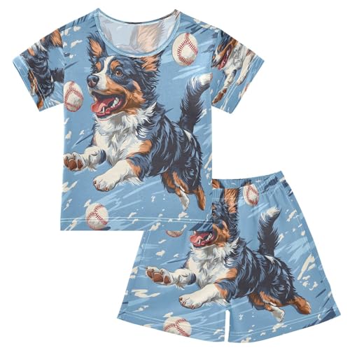 ALAZA Baseball Dog Blue Pajamas Set Short Sleeve Cotton Sleepwear Summer Pjs 2 Piece 5-14Y