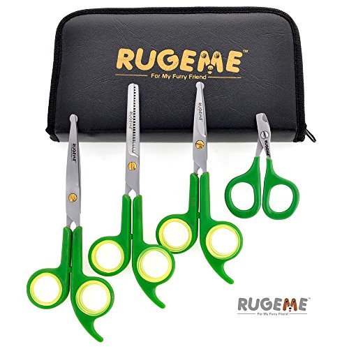 Rugeme Professional 4 Piece Dog Grooming Scissors Set - Includes; 1 Large Scissor with Smooth Blades, 1 Small Scissor with Micro-serrated Blades, 1 28-Tooth Thinning Shears, & 1 Nail Clipper