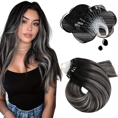 Image of Moresoo 24 Inch Micro Link Hair Extensions Human Hair, Black to Silver | 50g 50 strands, long straight texture, smoky silver balayage, cosplay, photoshoots, vacation styling
