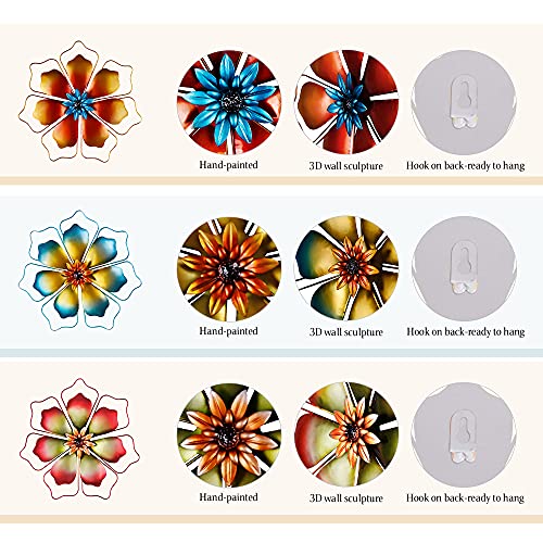 12" Metal Flower Wall Decor, Hand-Painted Vibrant Colors Flower Metal Wall Art, Wire Framed 3D Floral Wall Sculpture Hanging Decoration For Indoor And Outdoor, 3 Pack #TOP4