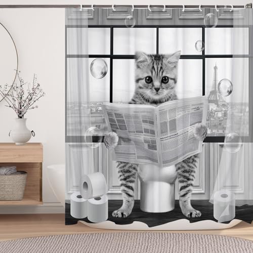Image of Cute Cat Shower Curtain, Funny Cat Reading on Toilet Shower Curtain Set, Black White Grey Fabric Shower Curtains for Kids Bathroom with Hooks 72X72inches