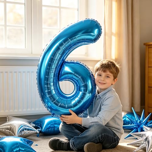 Image of TONIFUL 6th Birthday Balloons Kit 40 Inch Blue Large Number 6 Foil Balloon | with 18Inch Helium Mylar Heart Star Shaped Balloons for Boy Men Birthday Anniversary Graduation New Year Eve Party Decoration
