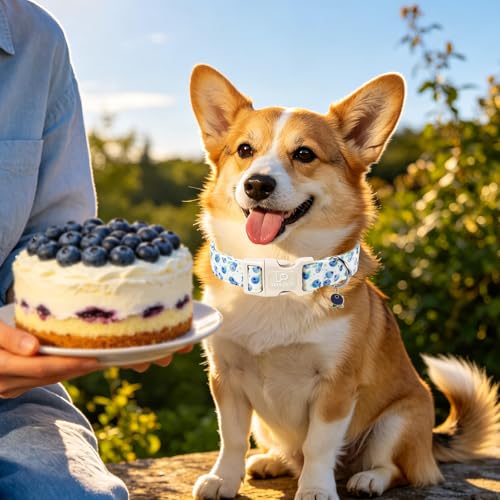 Image of Blueberry Dog Collar, Summer Spring Cotton Dog Collar, Cute Fruit Pattern Adjustable Light Blue Pet Collar, Lightweight Durable Quick Release Buckle with Charm for Male Female Dogs
