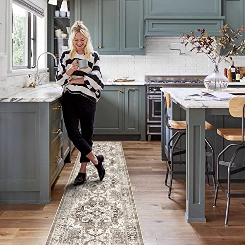 YOUFORTONG 2x12 Runner Rus for Hallways Soft Kitchen Rug Non Slip Rug Runner with Rubber Backing Washable Non Shedding Farmhouse Runner Rug (Beige, 2X12)