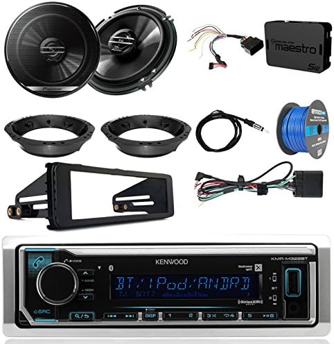 Kenwood KMR-M322BT Marine Bluetooth Radio, 2X Pioneer TS-G1620F 6.5 Speakers, Adapters, iDataLink Wiring Kit, Enock Harley Dash Kit, Antenna, 16-G 50 Ft Tinned Wire (Select '98-'13 Harleys)