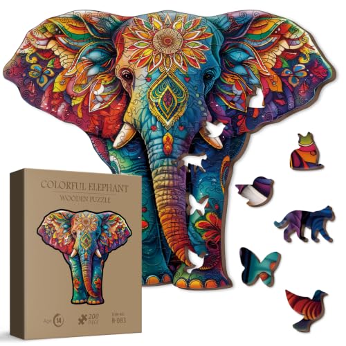 Rompecabezas de madera con forma de elefante colorido para adultos, 200 piezas, rompecabezas de animales fantásticos de madera, rompecabezas con formas únicas y divertidas de 200 piezas miniatura 1