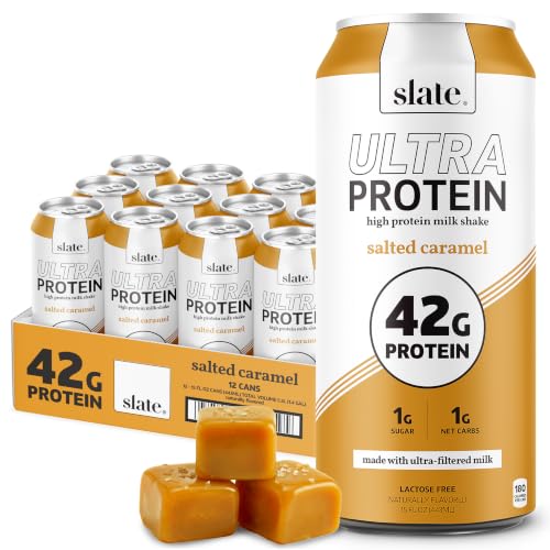 Slate Milk -Ultra Protein Shake-Salted Caramel-42g Protein,1g Sugar,180 Calories,1g Net Carbs-Lactose Free,No Added Sugar-Made with Ultra Filtered Milk- Breakfast Boost,Post Workout- 15 fl oz,12 Cans