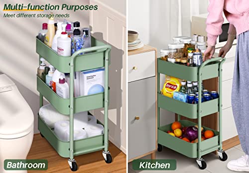Aooda 3 Tier Under Desk Rolling Cart With Handle And Lockable Wheels, 27'' Height Small Metal Book Cart Mobile Art Cart Rolling Storage Organizer For Office, Kitchen, Bathroom (Aqua Green) #TOP3