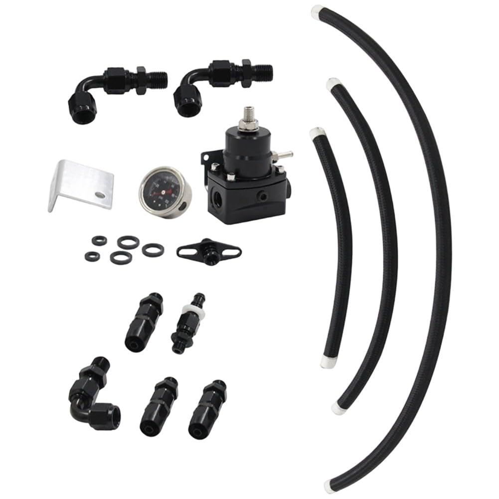 Verstellbarer Kraftstoffdruckregler 0-100 PSI mit Manometer, 6AN Edelstahlschlauch Kit für EFI Systeme, Aluminium