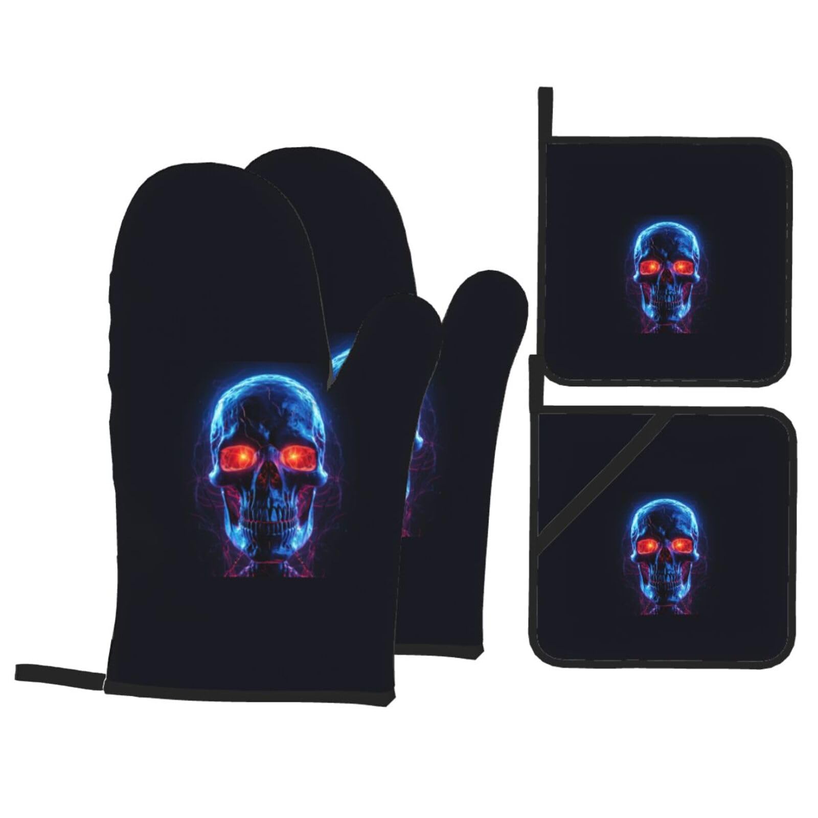 Halloween Skull Print 4-Piece Oven Microwaving Set Waterproof Kitchen Gloves for Baking Grilling Cooking