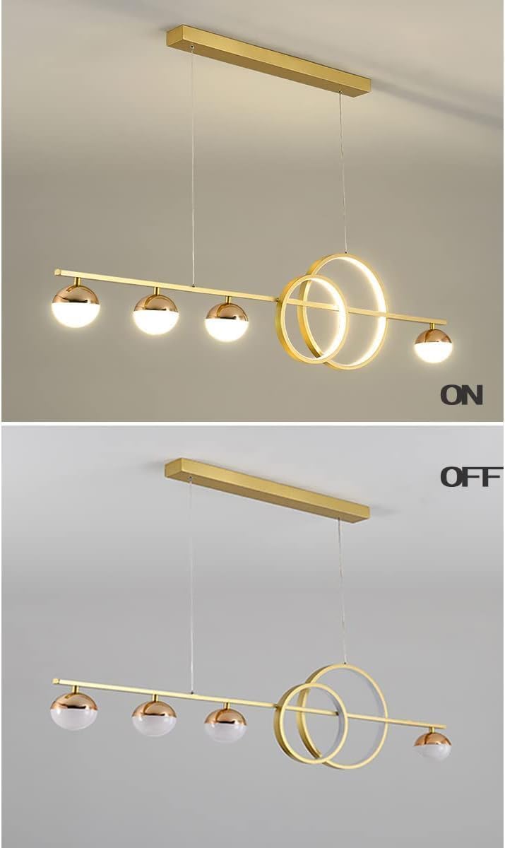 Nowoczesna lampa wisząca LED na wyspę kuchenną, złota, z możliwością ściemniania w paski, 32 W, z pilotem zdalnego sterowania, idealna do jadalni, salonu lub biura.