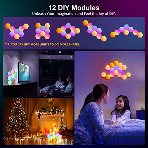 OJQ-12-Pack-Hexagon-Lights-Wall-RGB-Panel-Smart-APP-RGB-Hexagonal-Modular-Gaming-Light-Music-with-Sync-Honeycomb-Shape-Panels-Hexagon-Lights-for-Bedroom-Children-Room-12-Pack