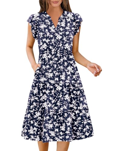 Image of ZEAGOO Womens Summer Casual Dresses Ruffle Sleeve V Neck Midi Dress Flowy Tiered Dress with Pockets Boho Sundresses
