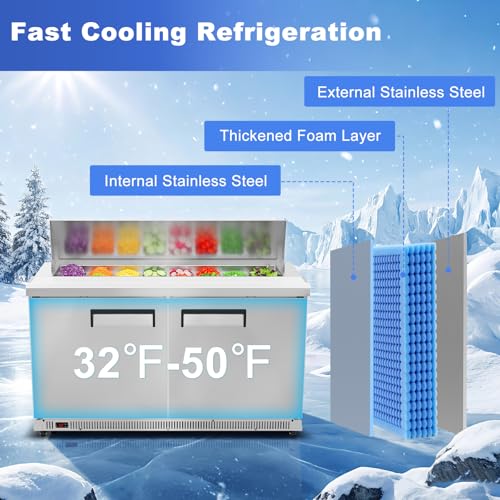 Image of Tylza 60 inch Commercial Refrigerator, 16.3 Cu.Ft Sandwich Pizza Prep Table, Mega Top Worktop Fridge w / 16 Pans & Cutting Board, 2-Door Stainless Steel Salad Prep Cooler for Restaurant & Food Truck