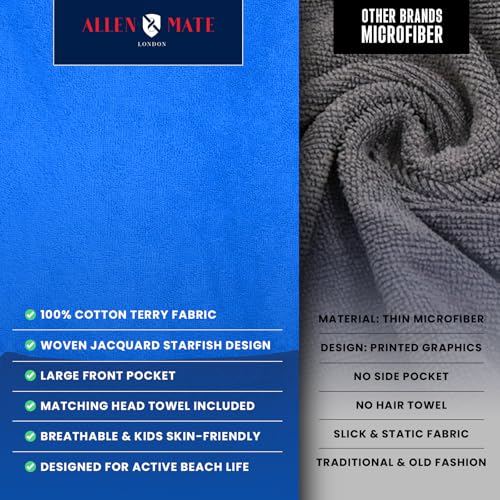 Image of ALLEN & MATE 100% Cotton Kids Hooded Surf Poncho Changing Robe, Quick Absorbent Wearable Swim Towel Boys & Girls, 6-13 Years