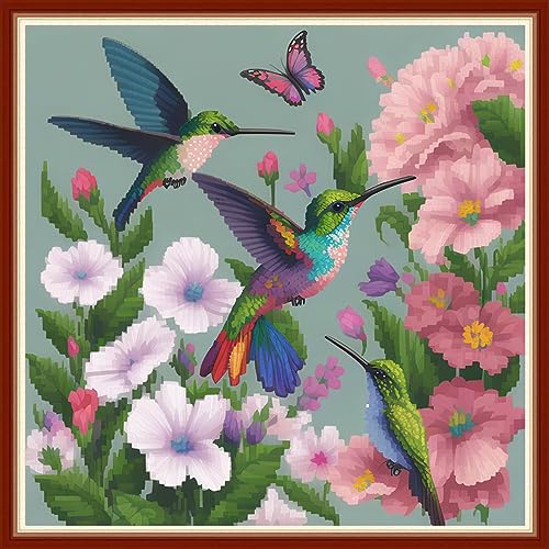 Image of Dimensean Stamped Cross Stitch Kits Full Range of Embroidery Patterns Starter Kits for Beginners Adult DIY Cross Stitches Needlepoint Kits 11CT-Hummingbirds Gather Honey 17.7x17.7 inch