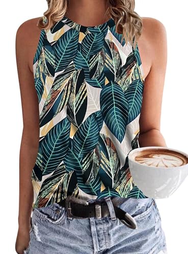WNEEDU Damen Tank Top Ärmellos - Oberteile Sommer Tanktops Rundhals Blusentop Vest Top Bluse Basic Blatt drucken M