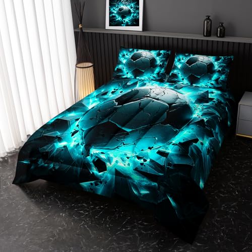 Image of Nttopship Soccer Bedding Comforter Set Queen Size for Kids Teens and Adults, Turquoise Black Football Printed Bedding Sets 3 PCS,Ball Sports Themed Bedroom Decor with 1 Comforter and 2 Pillowcases