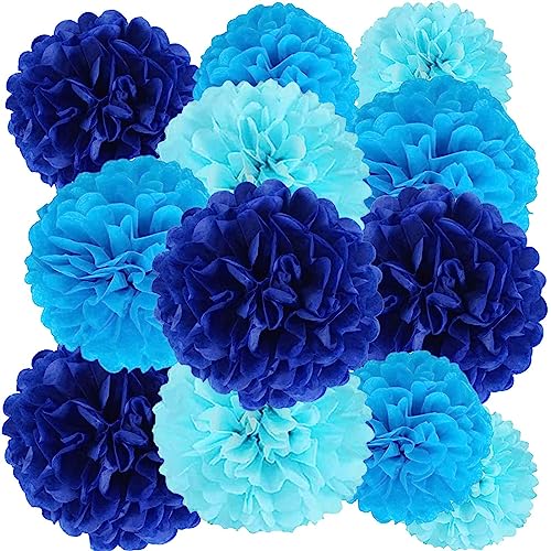 Image of We Moment Navy Blue,Blue and Light Blue Paper Pom Poms Decorations for Wedding Birthday Party DecorationCeiling Wall Hanging Tissue Flowers Decorations - 12pcs,3 Colors of 12 Inch, 10 Inch