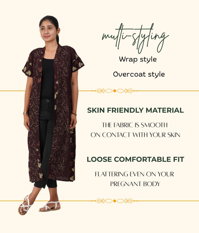Image of MENMAII Cotton Feeding Robe for Women | Soft Breathable Maternity & Nursing Wear | Front Open Easy Feeding Access | Comfortable Nightwear for New Moms|Calf Length [Size: L,XL,XXL,3XL /FS]