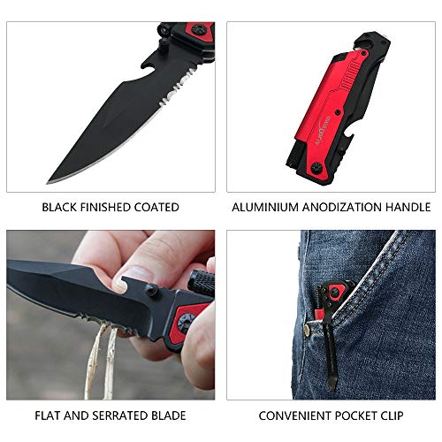 ALBATROSS 6-in-1 Survival Tactical Military Folding Pocket Knives with LED Light,Rope Cutter,Glass Breaker,Magnesium Fire Starter,Bottle Opener;Multi-Function Emergency Tool(Red) - Thumbnail 3