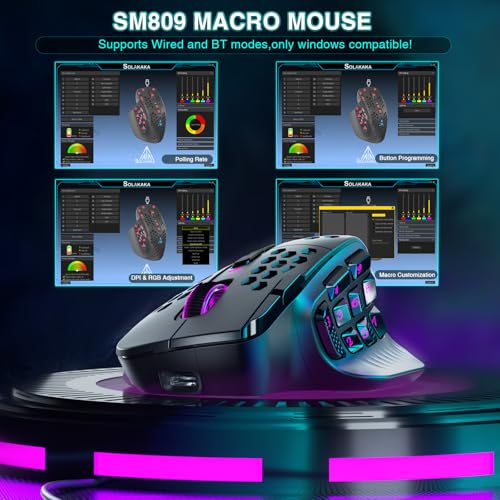 SM809 Pro Wireless MMO Gaming Mouse with 9 Side Buttons,24000 DPI,Triple Connectivity (2.4G/BT5.0/Wired) RGB MMO Mouse for Gamer,16 Programmable Macros,Up to 350H Battery Life,Black - Image 5