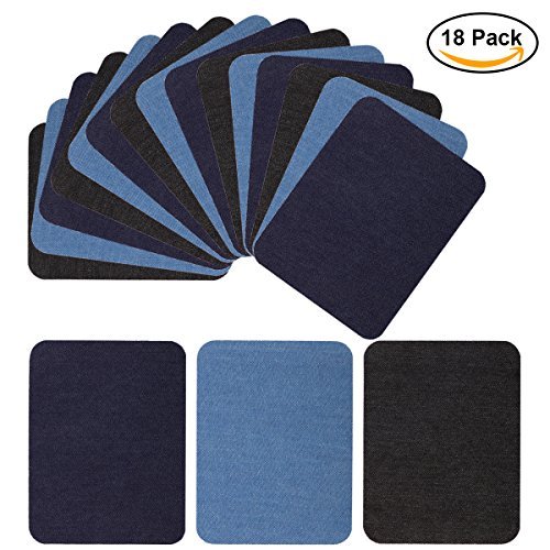 Iron On Denim Patches for Jean Clothing 18 Pieces No-Sew Denim Patches Assorted Cotton Jeans Repair Kit by POAO, 6 Pcs Per Colors, 3 Assorted Colors, 5 x 3 3/4 Inch