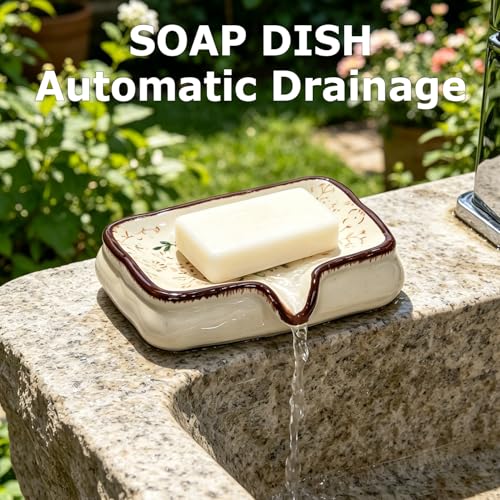 Image of Ceramic Non-Slip Soap Holder with V-Drainage | Elegant Nordic Floral Pattern for Shower, Bathroom & Kitchen Sink - Reduces Waste