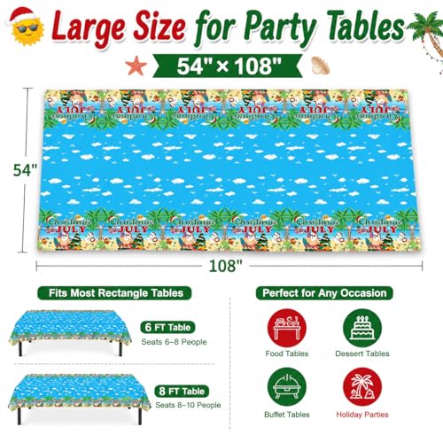 Image of tineit 3 Pieces Christmas July Decortions 54 x 108 Inch Plastic Tablecloth for Hawaiian Kalikimaka and Santa, Table Cover Gift Summer Pool Party Supplies | Hawaiian Kalikimaka Tablecloth, Perfect for Summer Pool Party Supplies, Durable Plastic