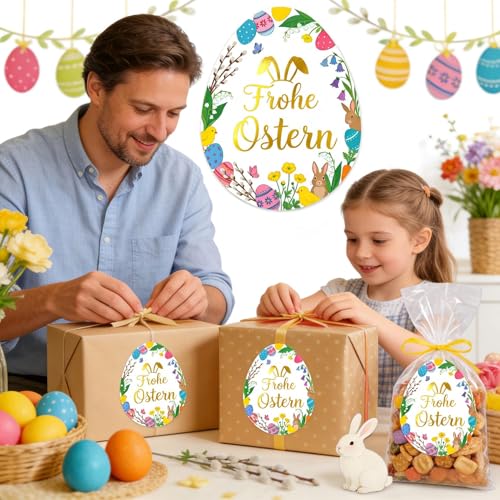 60 Stück Ostereier Aufkleber, Frohe Ostern Etiketten, Selbstklebend Hochwertige Ostersticker, Blumen Kranz Motive, für Osterkarte Umschlag Geschenke Basteln Osterdeko