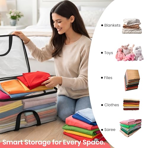 Image of Storite Pack of 6 Transparent Storage Bag for Saree Covers, Clothes, Lehenga, Blankets, Bedsheets, Toys, Docs | Wardrobe Organizer | Clear Storage Box Bag - (41x31x23 cm, Transparent)