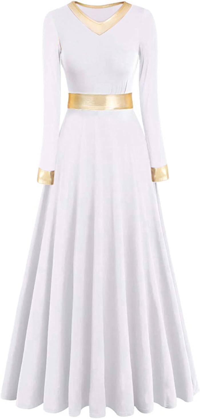 Women's Praise Dance Dress Long Sleeve Metallic Gold Liturgical Worship Costume Lyrical Dancewaer Church Robe