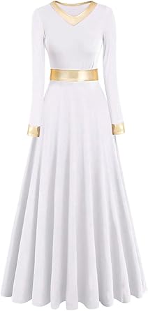 Womens Praise Dance Dress Long Sleeve Metallic Gold Liturgical Worship Costume Lyrical Dancewaer Church Robe