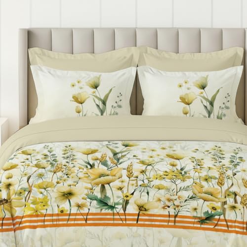 Image of LANE LINEN 100% Cotton Printed King Size Bedsheet - Yellow Floral | OEKO-Tex Certified, 250TC, Fits King & Double Bed, Floral Print, Breathable & Wrinkle-Free, Includes 2 Pillow Covers