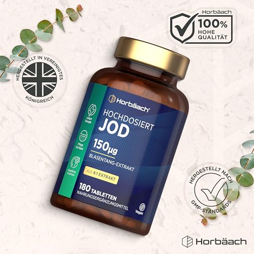 Jod Tabletten aus Kelp | 150µg | Hochdosiert | 180 Vegane Stück | Iodine Tablets | 150 mcg | Horbaach