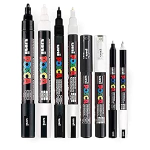 POSCA Pennenset, zwart en wit, dunne tot middeldikke punt, 8 pennen (PC-5M, PC-3M, PC-1M, PC-1MR)