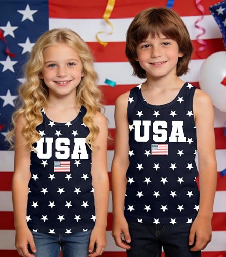 Image of Ithalt Girls 4th of July Tank Top for Kids Boys USA Patriotic Shirt American Flag Tshirt Red White and Blue Sleeveless