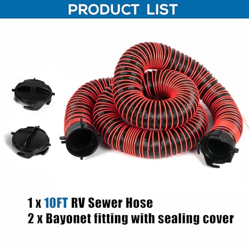 Image of 10FT RV Sewer Hose Extension Camper Sewer Hose Extension with Caps | EXTREME Heavy Duty 24 Mil, TPE Material, Abrasion Resistance and Crush Protection, Red