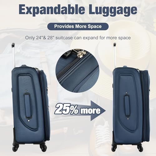 Expandable 3 Piece Luggage Set with Duffel Bag, Lightweight Softshell Travel Suitcases with Spinner Wheels, Dark Blue3