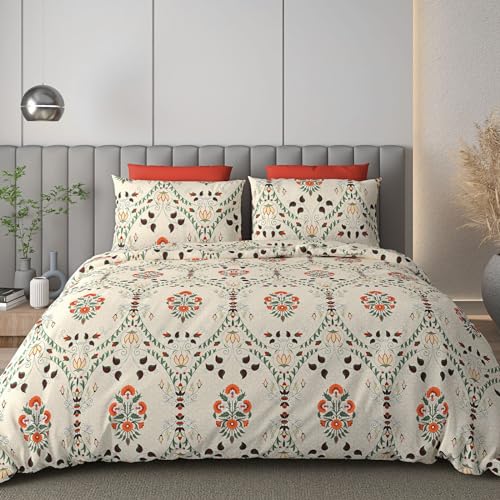 Image of DECOMIZER 300 Tc, Super Soft Glace Cotton King Size AC Comforter|Duvet with 1 King Size Elastic Fitted Bedsheet 72 inchX78 inch Inch and 2 Large Pillow Cover - 4 Piece Comforter Set - Beige Jaipuri