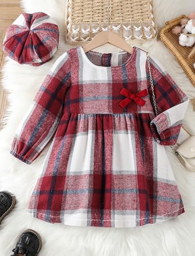 AWIBMK Girls Long Sleeve Plaid Christmas Dress with Beret Hat Vintage A-line Swing Fall Winter Dress2