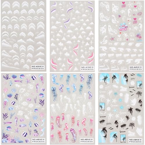 Puyokinm PUYOKINM-12 Summer Nail Art Stickers Ocean Nail Art Decals 3D Self-Adhesive Diy Nail Sticker Palm Tree Sea Beach Cloud Jellyfish Starfish Nail Supplies thumb #1
