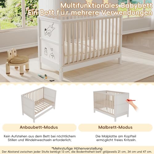 Merax Babybett 120 x 60 cm aus Massivholz, 3-Fach höhenverstellbares Gitterbett, Umbaubar zum Beistellbett Baby und zur Kindercouch, Baby Crib mit Bemalbaren Tafeln, EN 716 geprüft