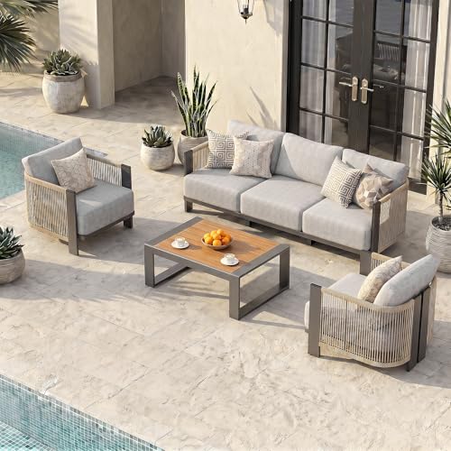 Vexwalx Luxury Patio Furniture Set, 4-Piece Curved Outdoor Furnitrue Set with Weather-Resistant Aluminum Frame and 7.1" Thicker Cushion, Woven Rope Patio Conversation Set for Deck, Garden