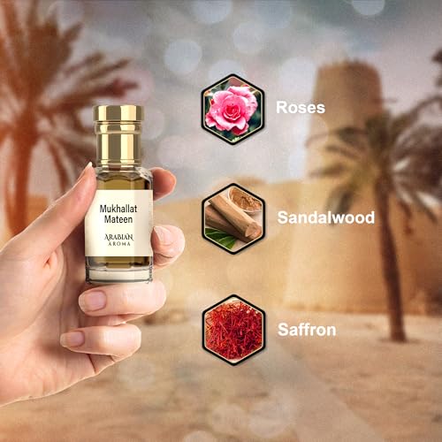 Image of Arabian Aroma Mukhallat Mateen Attar | Saffron, Rose & Sandalwood Attar | Alcohol-Free, Long-Lasting | 100% Pure Perfume | Itra Perfume For Men | Fresh Oriental Ittar (6ml)