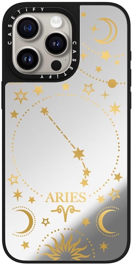 CASETiFY Mirror iPhone 15 Pro Max Case [Reflective / 4.9ft Drop Protection/Compatible with Magsafe] - Zodiac Star Sign Aries - Silver on Black